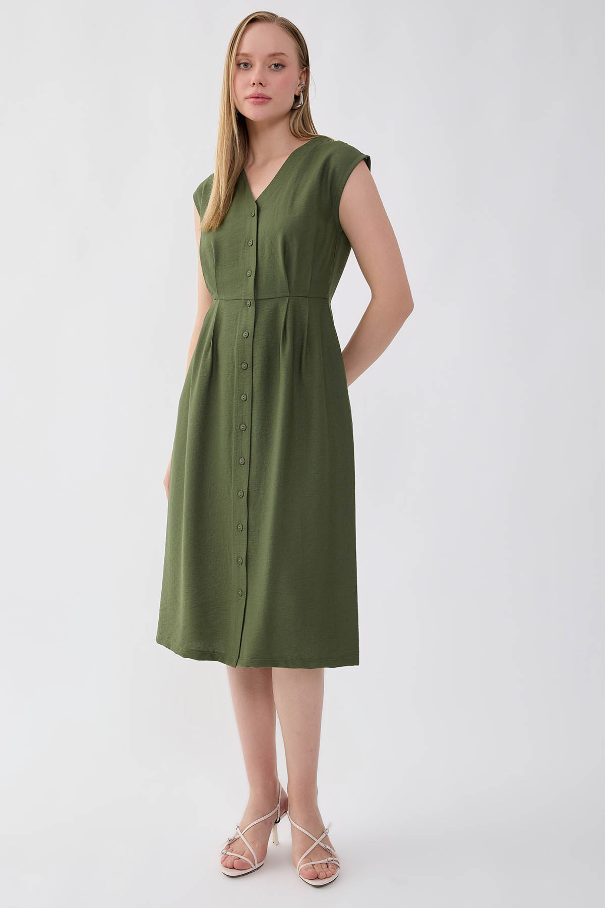 Düğmeli V Yaka Elbise - Thumbnail