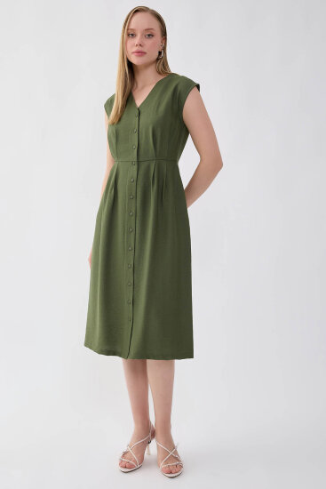 Düğmeli V Yaka Elbise - 2