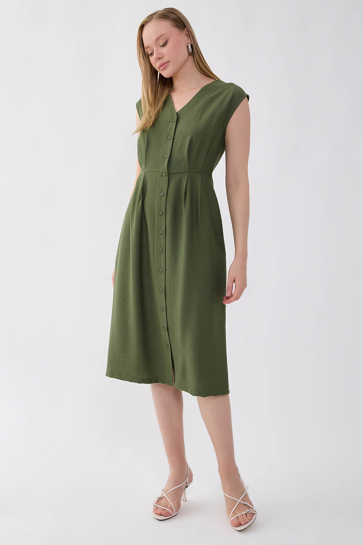 Düğmeli V Yaka Elbise - Thumbnail