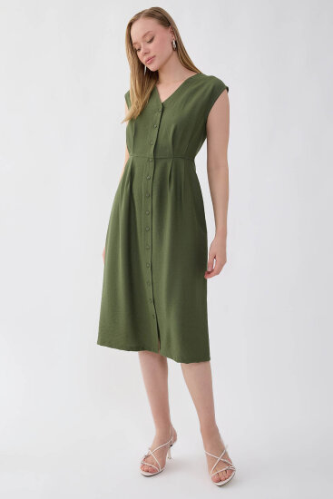 Düğmeli V Yaka Elbise - 3