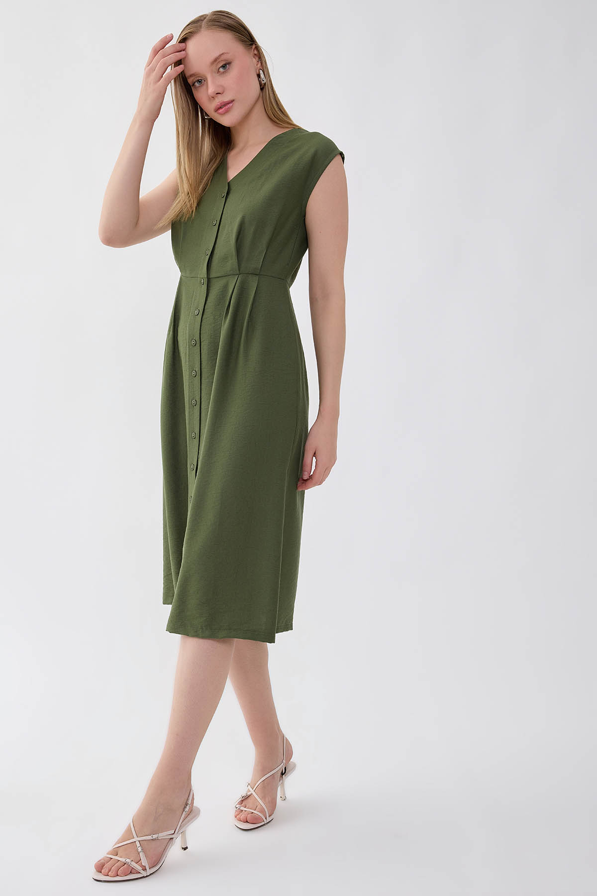 Düğmeli V Yaka Elbise - Thumbnail