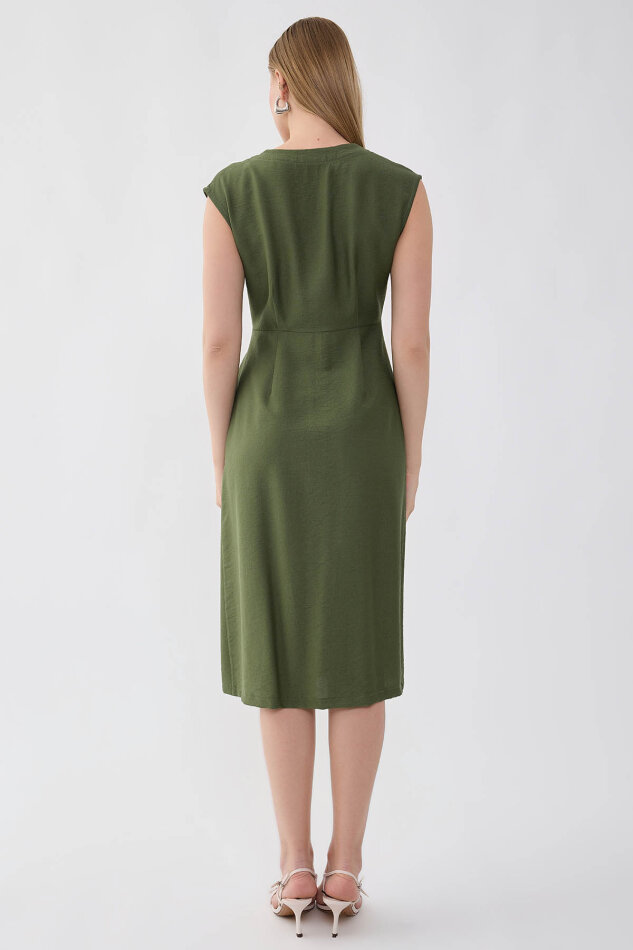 Düğmeli V Yaka Elbise - 5