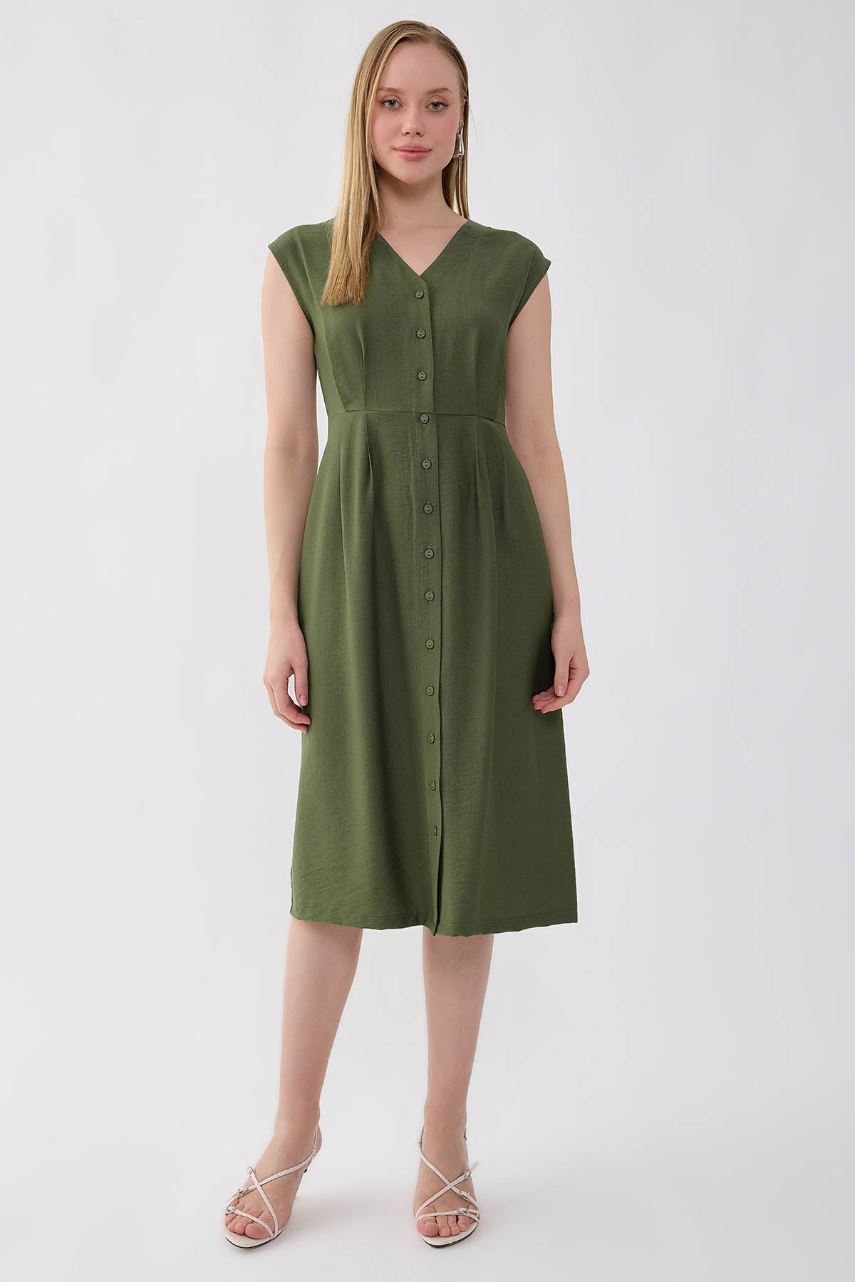 Düğmeli V Yaka Elbise - Thumbnail