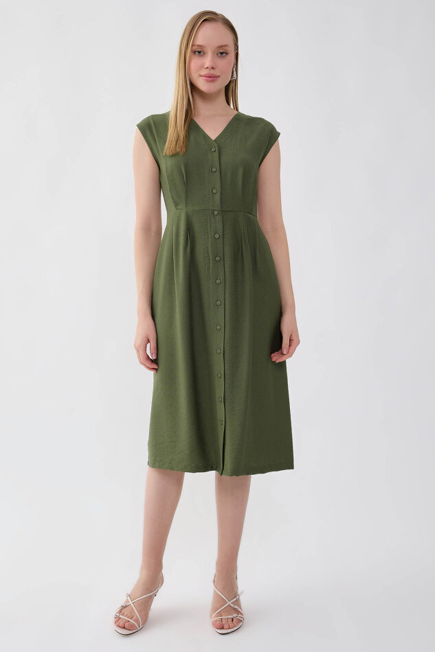 Düğmeli V Yaka Elbise - 1