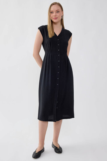 Düğmeli V Yaka Elbise - 7