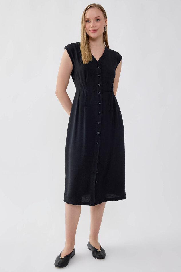 Düğmeli V Yaka Elbise - 7