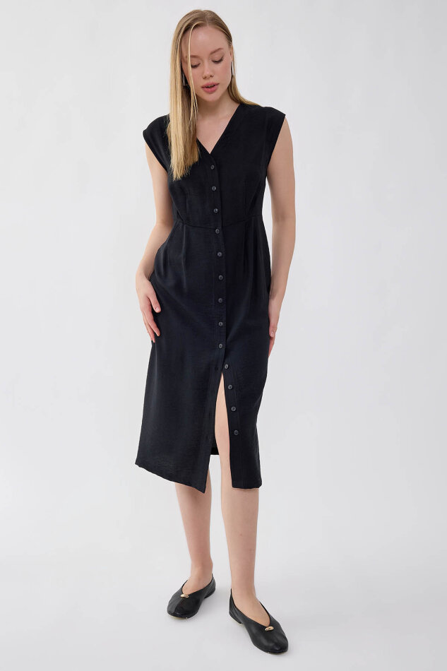 Düğmeli V Yaka Elbise - 8