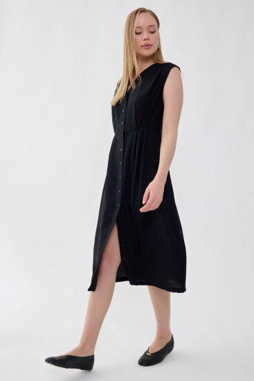 Düğmeli V Yaka Elbise - 10