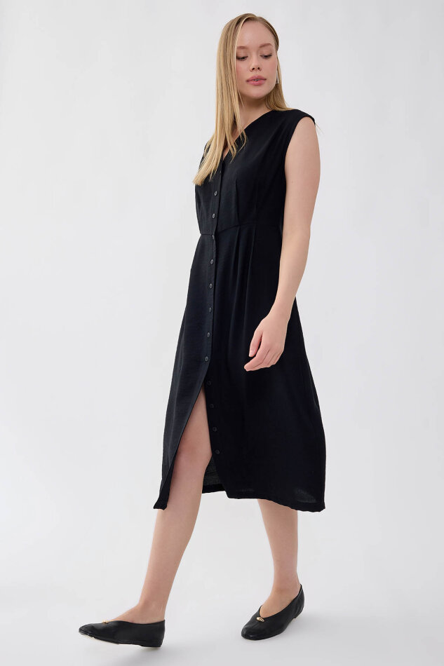 Düğmeli V Yaka Elbise - 10