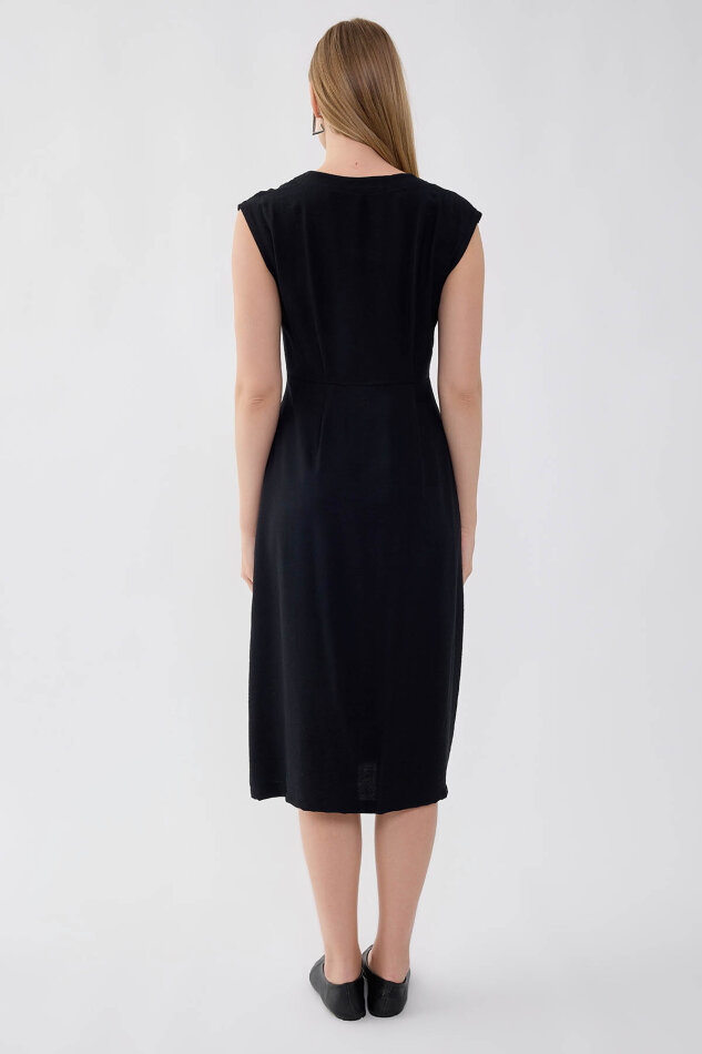 Düğmeli V Yaka Elbise - 11