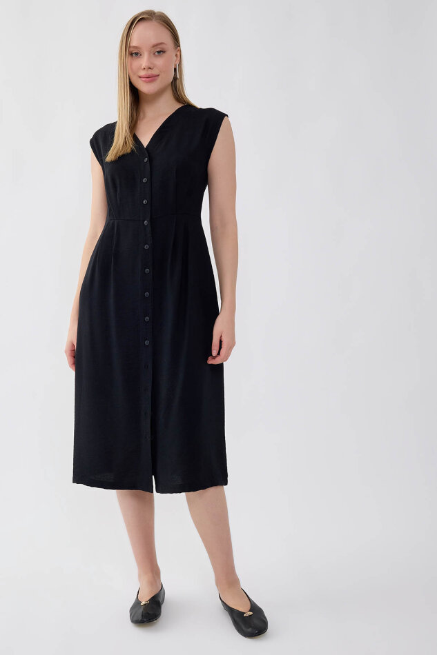 Düğmeli V Yaka Elbise - 13