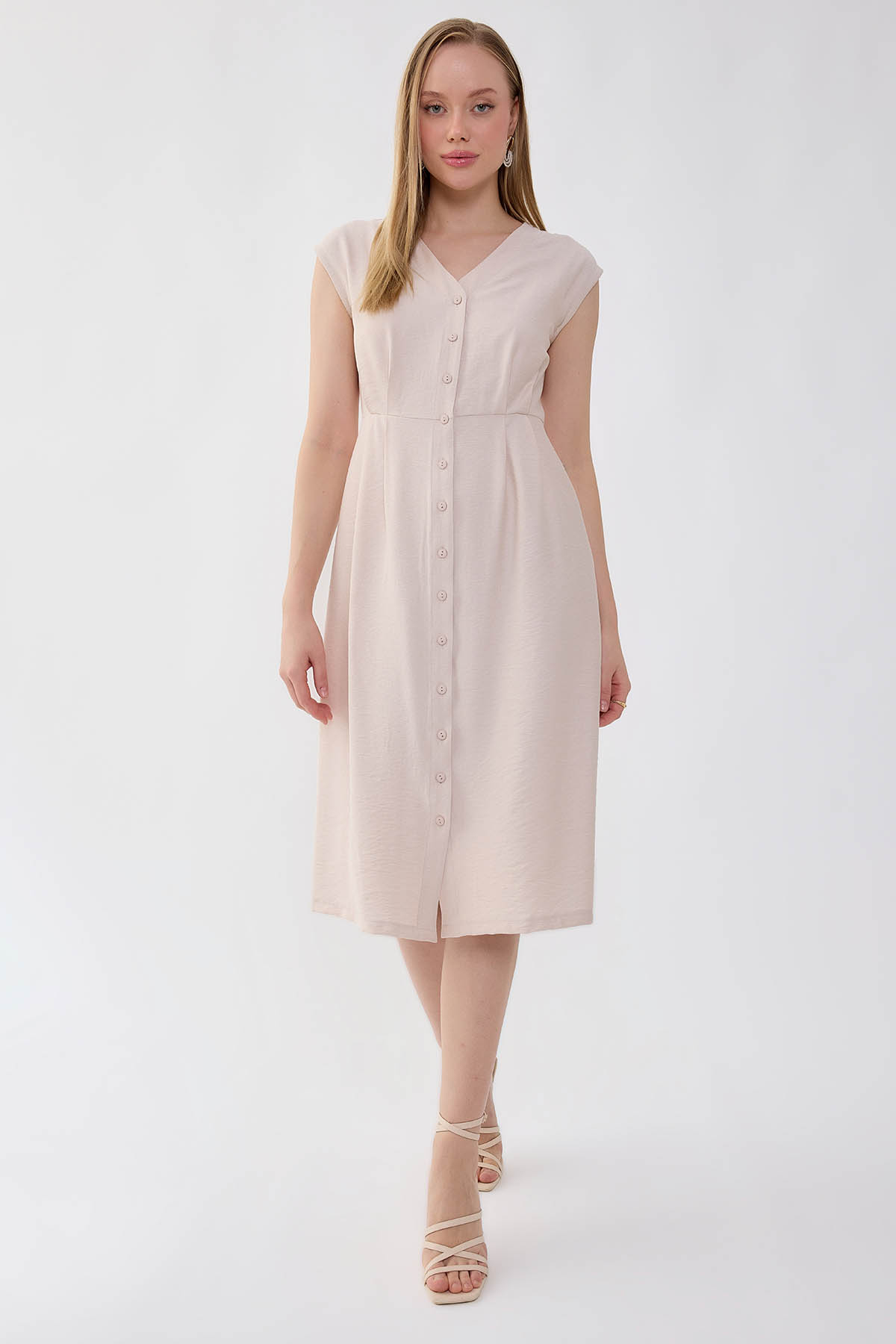 Düğmeli V Yaka Elbise - Thumbnail