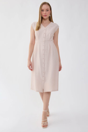 Düğmeli V Yaka Elbise - 15