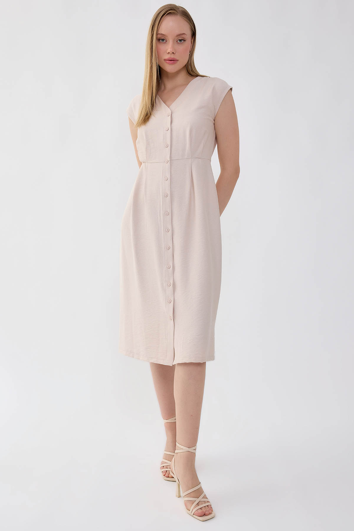 Düğmeli V Yaka Elbise - Thumbnail