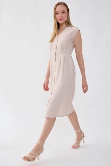 Düğmeli V Yaka Elbise - 16