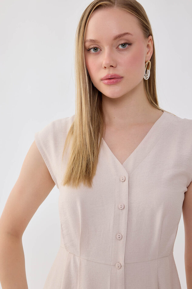 Düğmeli V Yaka Elbise - 17