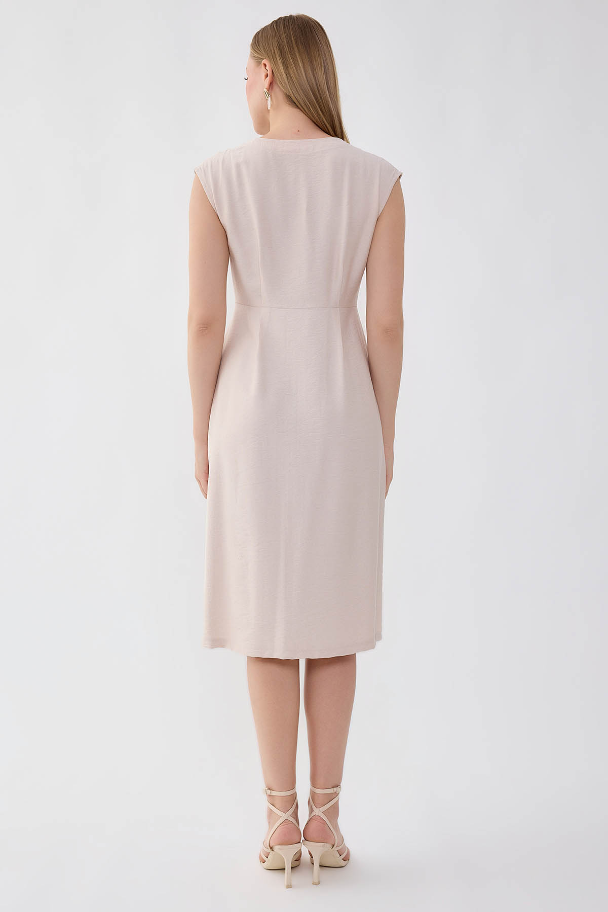 Düğmeli V Yaka Elbise - Thumbnail