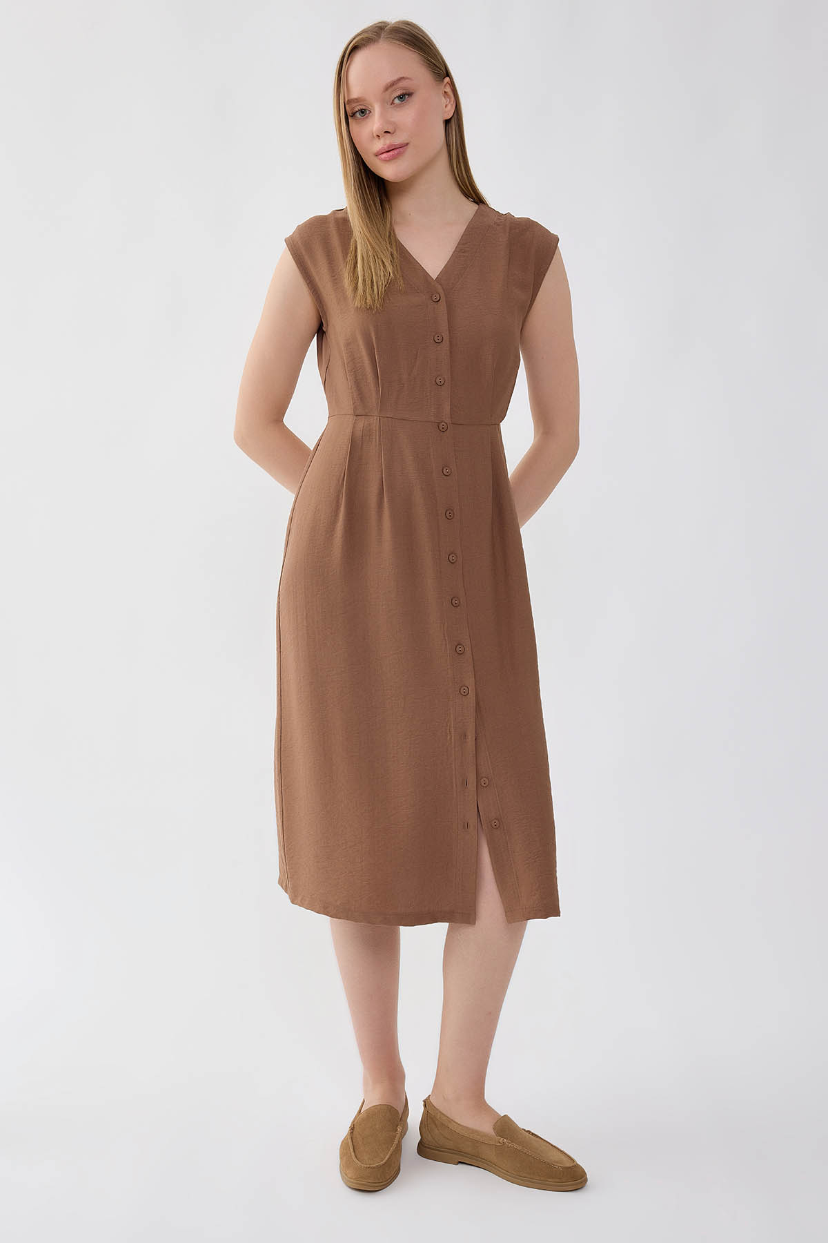 Düğmeli V Yaka Elbise - Thumbnail