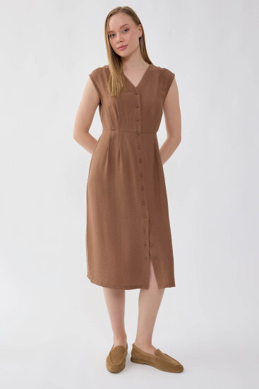 Düğmeli V Yaka Elbise - 20