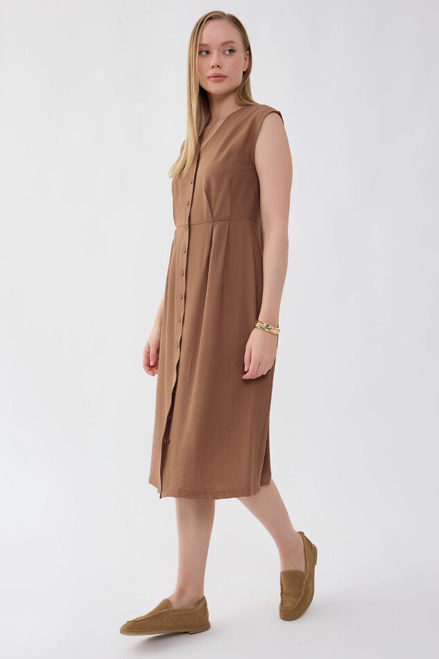 Düğmeli V Yaka Elbise - 21