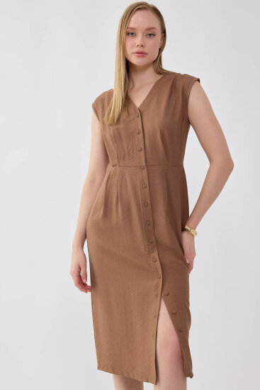 Düğmeli V Yaka Elbise - 23