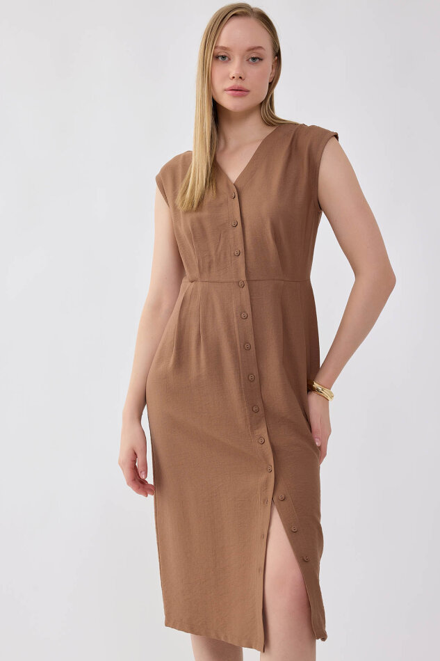 Düğmeli V Yaka Elbise - 23