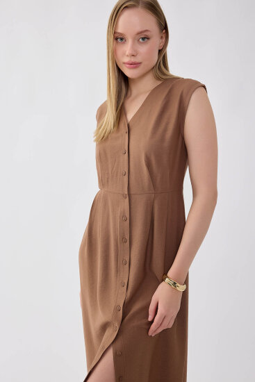 Düğmeli V Yaka Elbise - 24