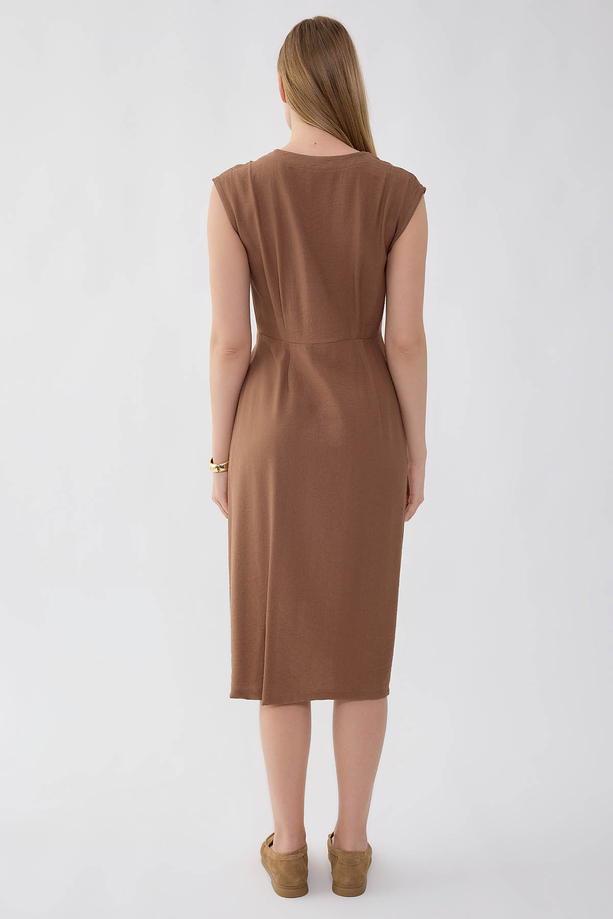 Düğmeli V Yaka Elbise - Thumbnail