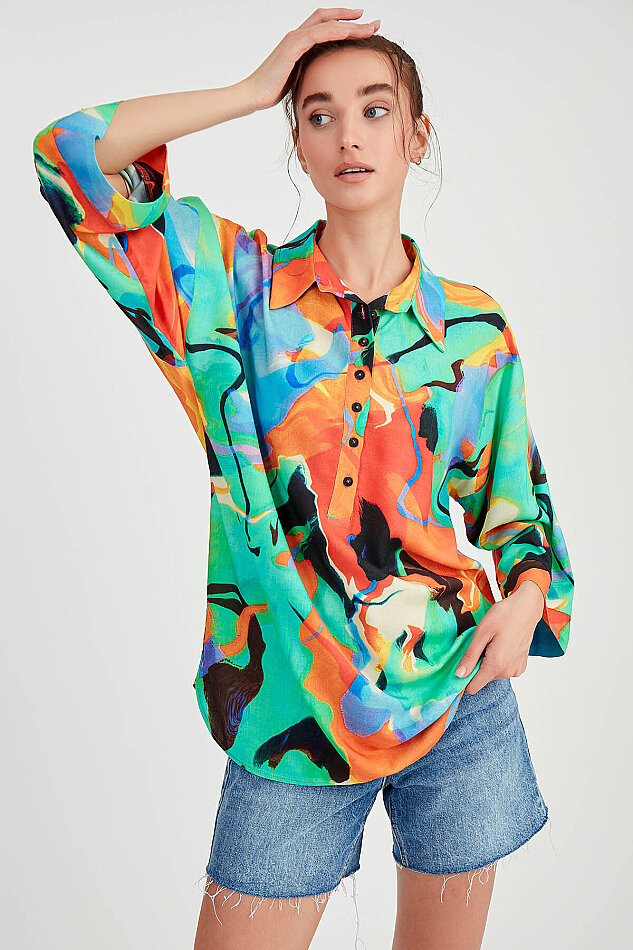 Düşük Omuz Desenli Önü Düğmeli Oversize Bluz - 3
