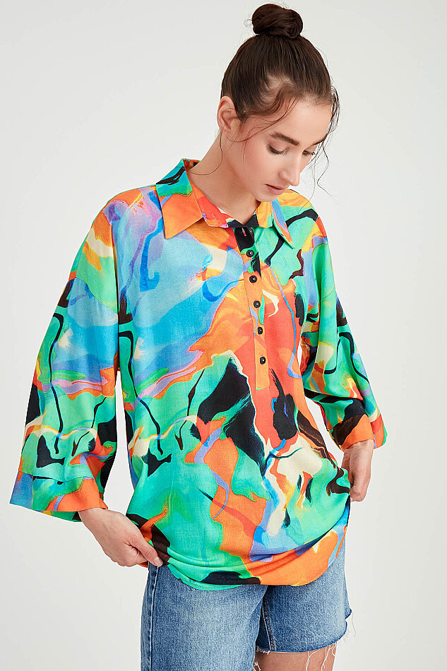 Düşük Omuz Desenli Önü Düğmeli Oversize Bluz - 6
