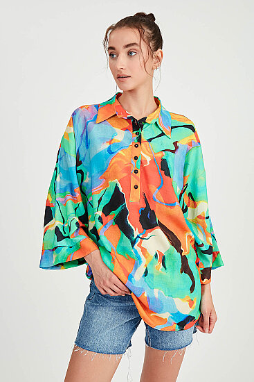 Düşük Omuz Desenli Önü Düğmeli Oversize Bluz - 7