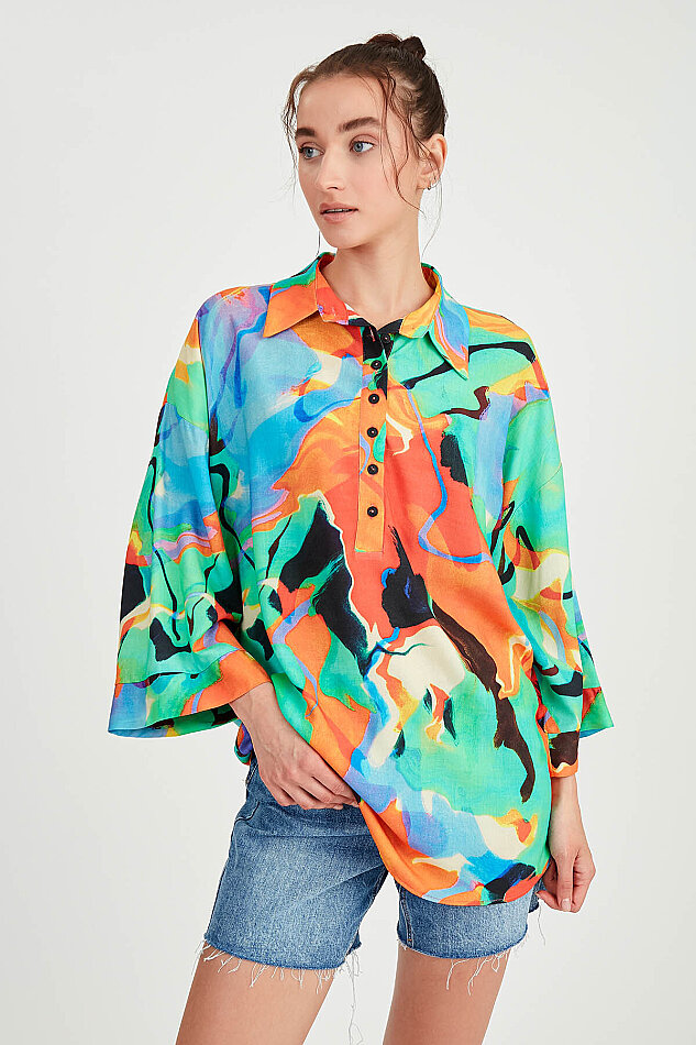 Düşük Omuz Desenli Önü Düğmeli Oversize Bluz - 7
