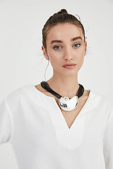 Düşük Omuz Hakim Yaka Bluz - 9