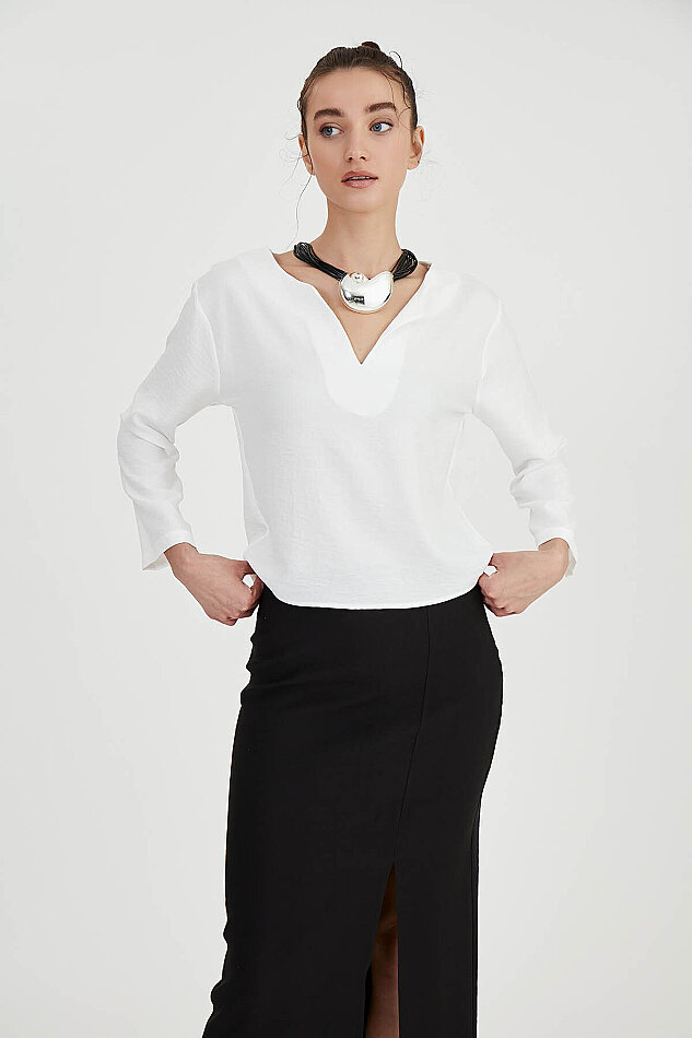 Düşük Omuz Hakim Yaka Bluz - 7