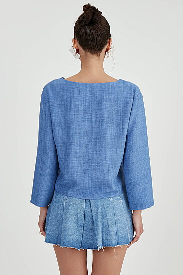 Düşük Omuz Hakim Yaka Bluz - 6