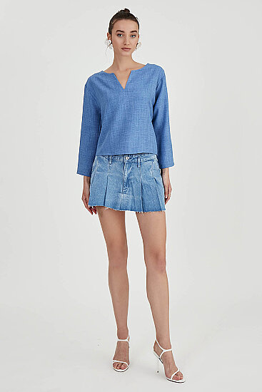 Düşük Omuz Hakim Yaka Bluz - 3