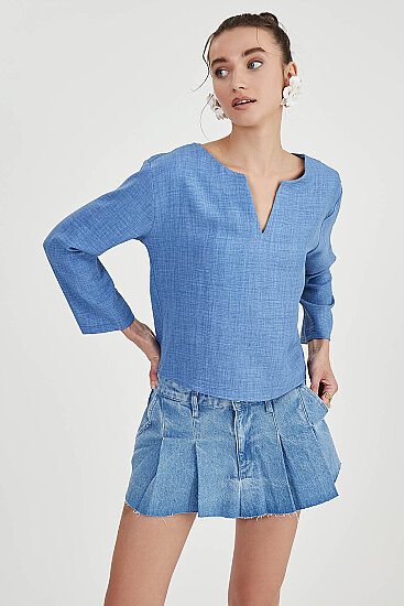 Düşük Omuz Hakim Yaka Bluz - 4