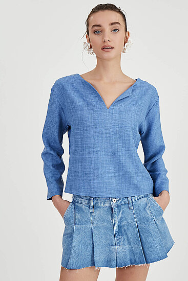 Düşük Omuz Hakim Yaka Bluz - 5