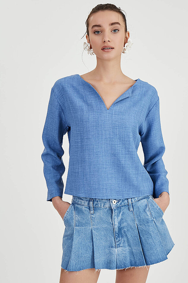 Düşük Omuz Hakim Yaka Bluz - 5