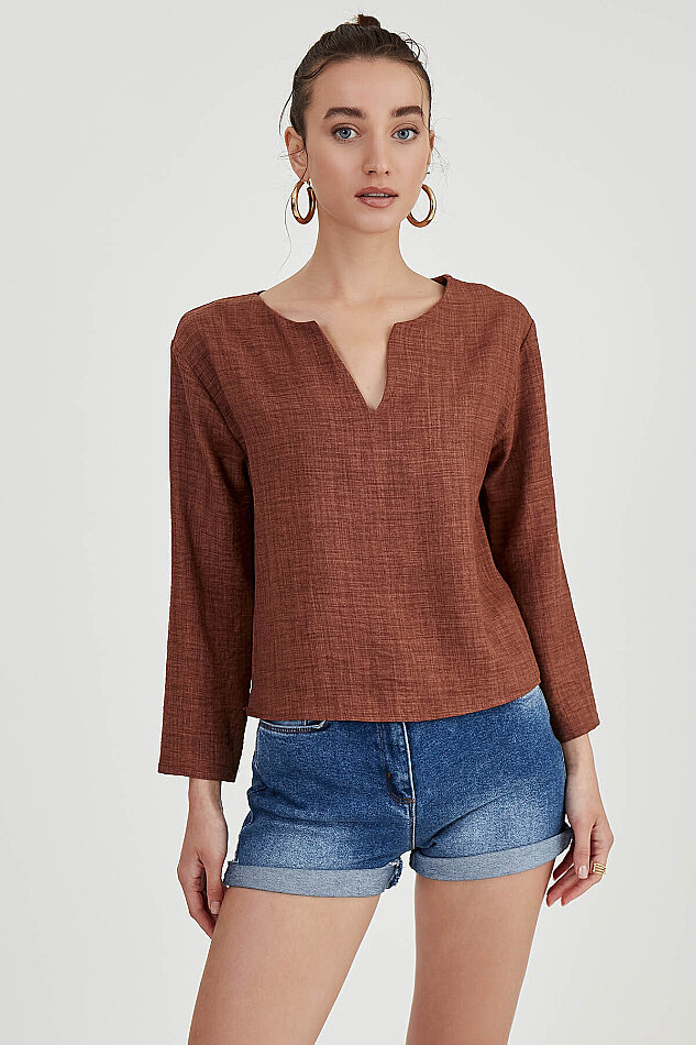 Düşük Omuz Hakim Yaka Bluz - 12