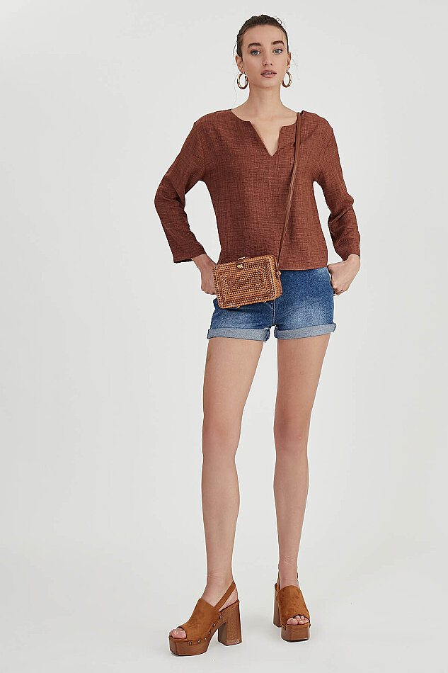 Düşük Omuz Hakim Yaka Bluz - 13