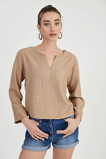 Düşük Omuz Hakim Yaka Bluz - 32