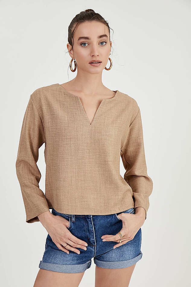 Düşük Omuz Hakim Yaka Bluz - 32