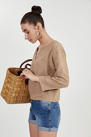 Düşük Omuz Hakim Yaka Bluz - 35