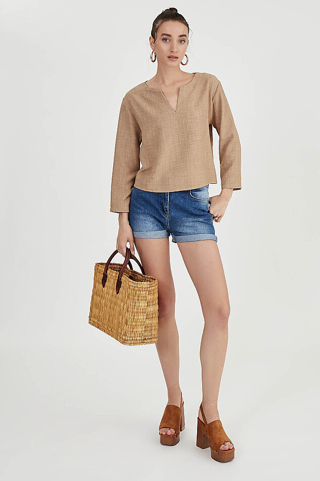 Düşük Omuz Hakim Yaka Bluz - 33