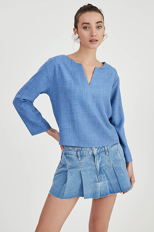 Düşük Omuz Hakim Yaka Bluz - 1