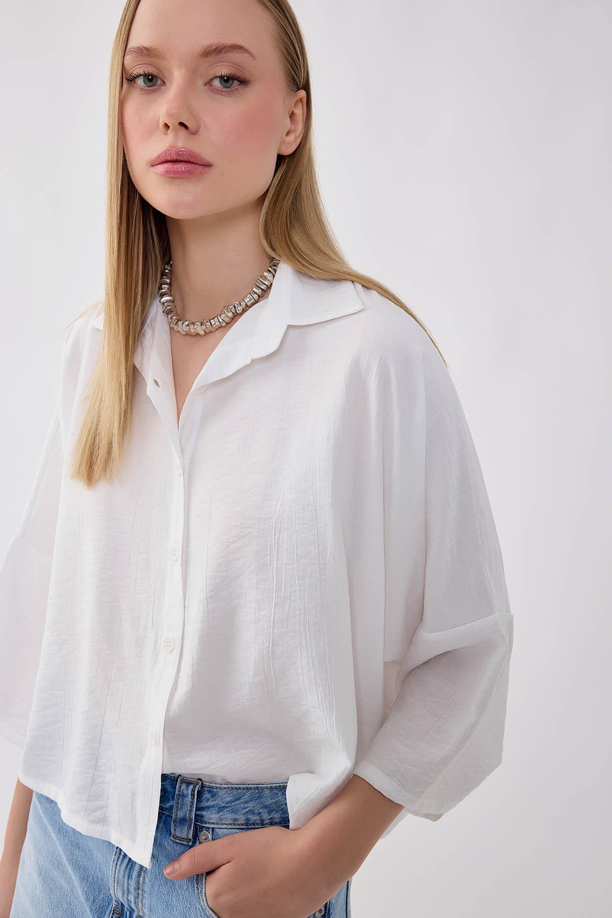 Düşük Omuz Krinkıl Kumaş Crop Gömlek - Thumbnail