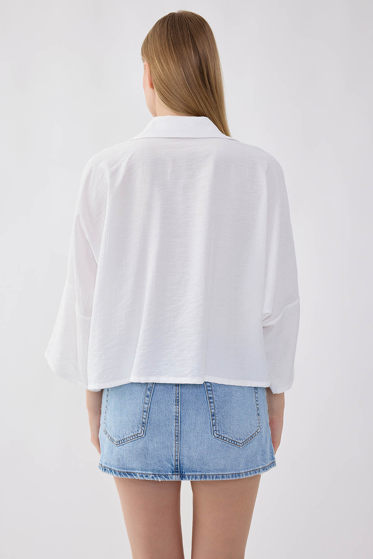 Düşük Omuz Krinkıl Kumaş Crop Gömlek - Thumbnail