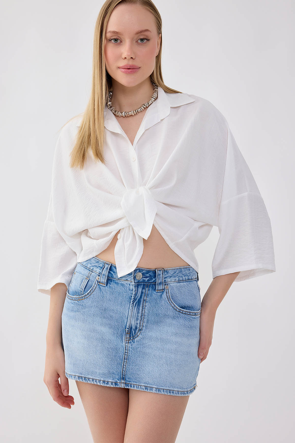 Düşük Omuz Krinkıl Kumaş Crop Gömlek - Thumbnail