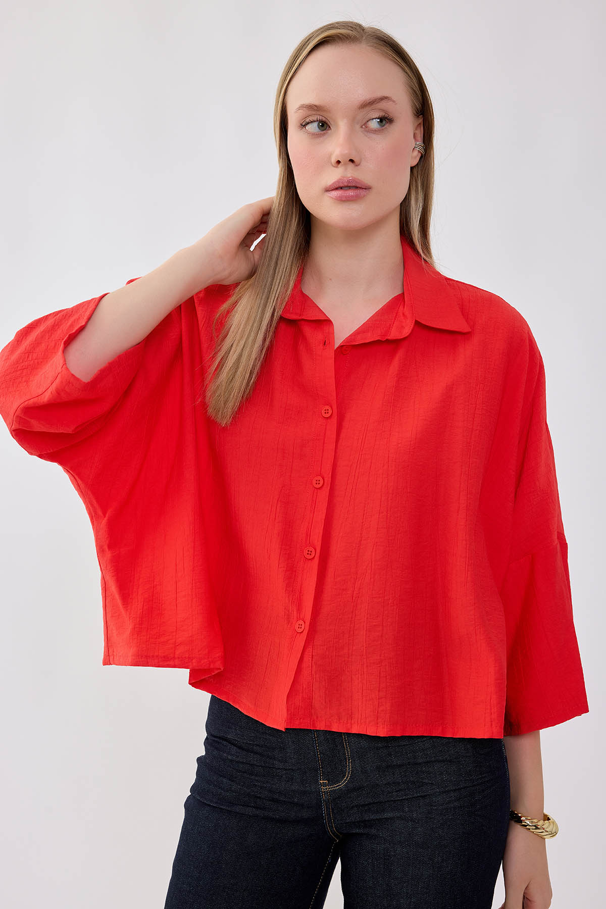 Düşük Omuz Krinkıl Kumaş Crop Gömlek - Thumbnail